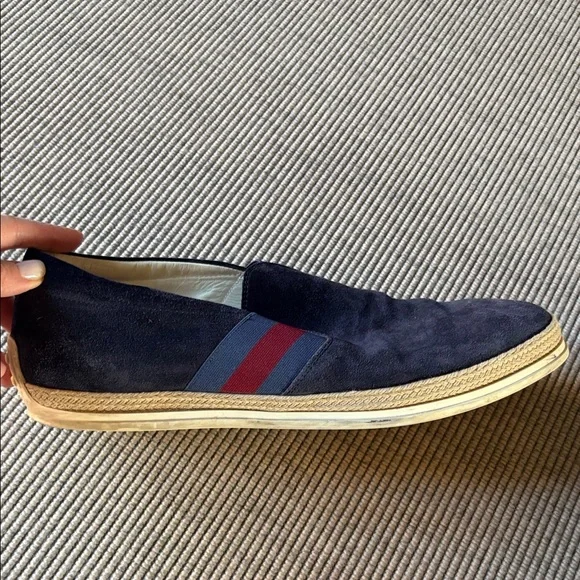 Tod's Navy Suede Slip-On Loafers with Red & Blue Webbing - Picture 4 of 9